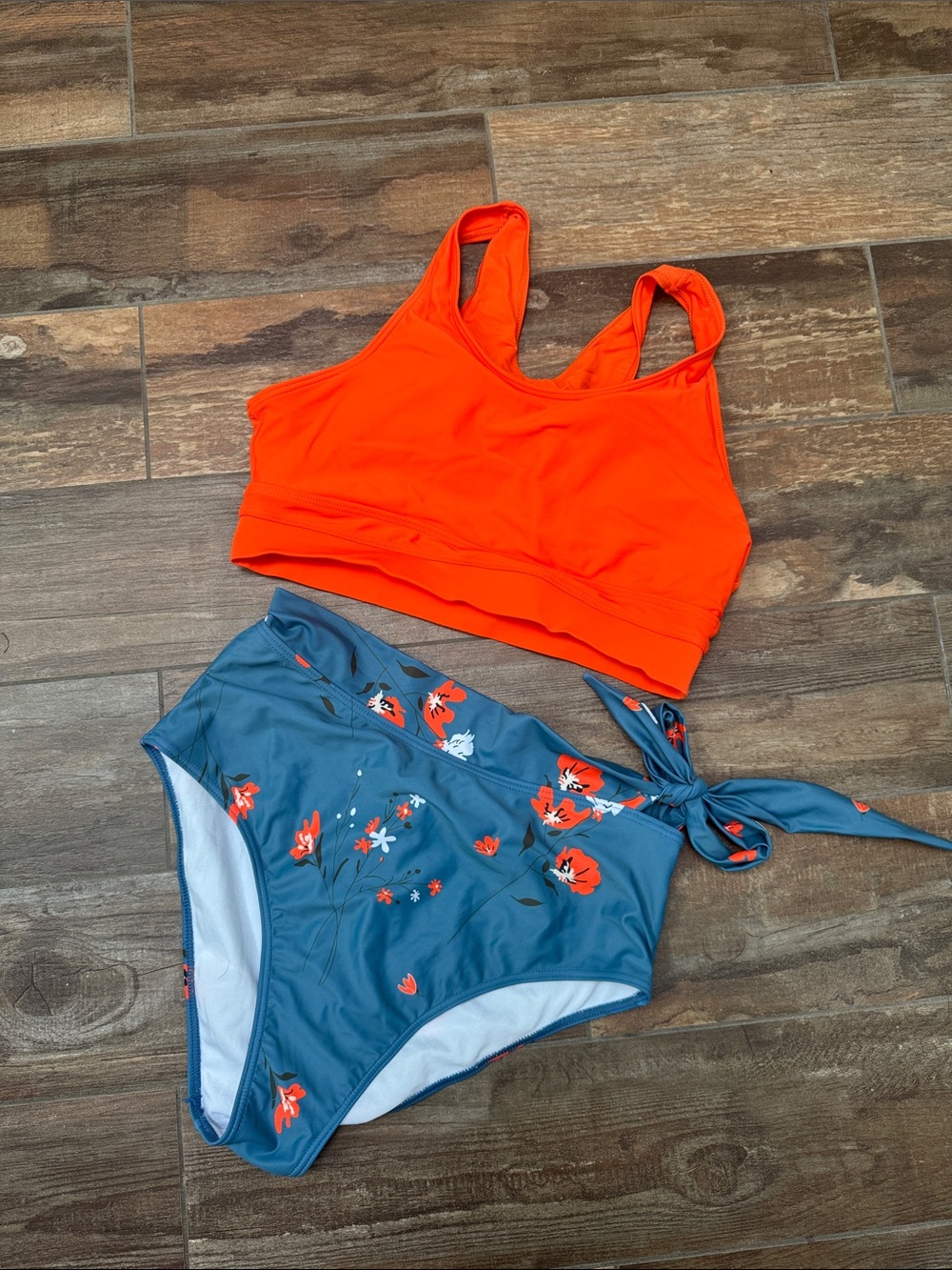 Womens Orange Tankini Top and Teal Floral High-Waist Bottoms Swim Set